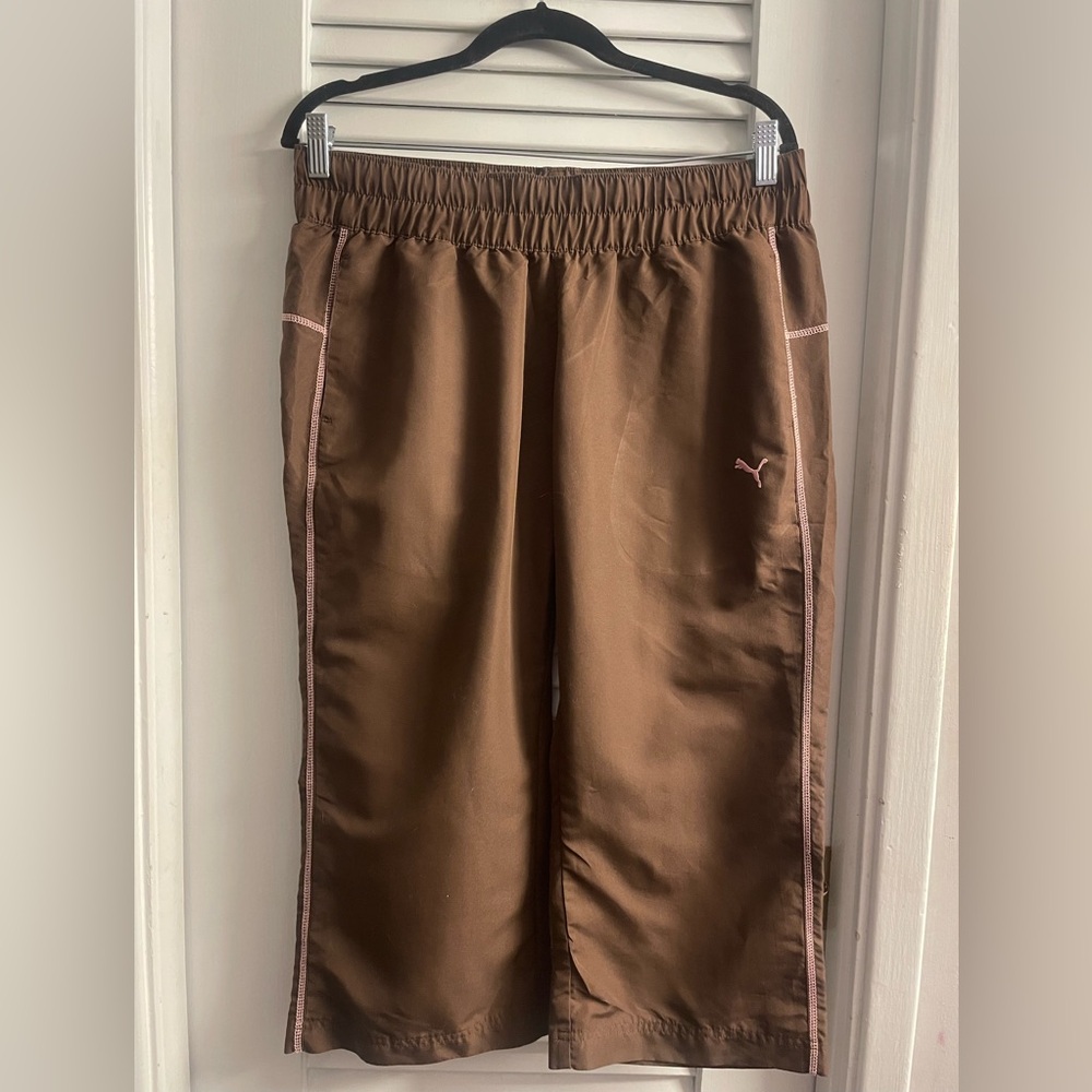 Puma Brown Wide-Leg Track Pants with Pink Trim